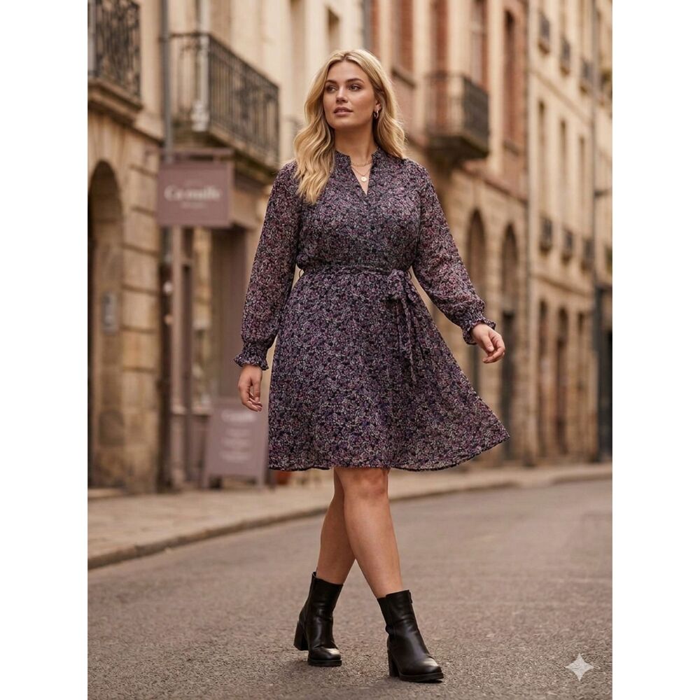 Lane Bryant Plus Size Purple Black Ditsy Floral Long Sleeve Dress Size 24